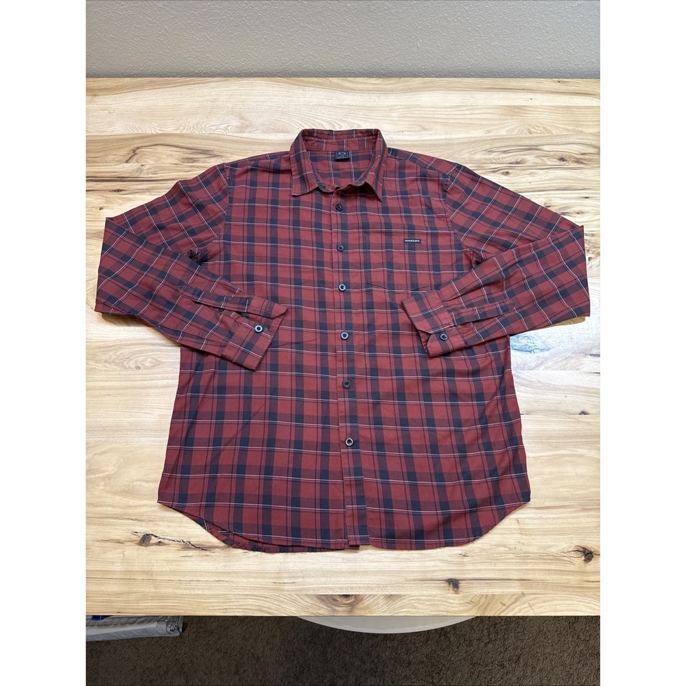 Oakley Men's Red Black Plaid Long Sleeve Button Down Shirt Size Large